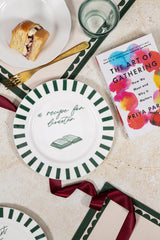 Avalon Home UK Bone China Plate with green stripes and recipe book illustration for elegant dining