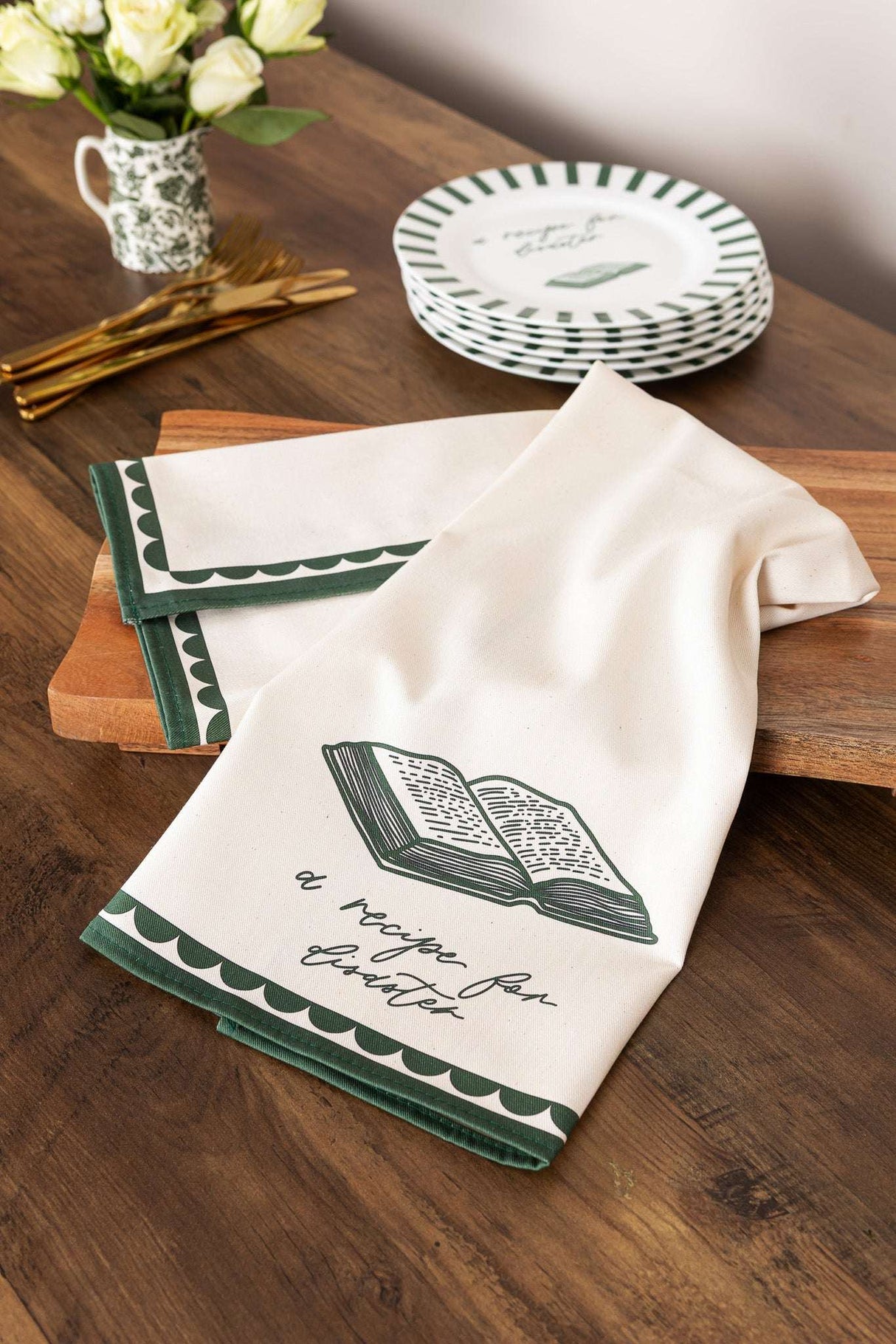 Avalon Home UK Bone China Plate displayed with matching green patterned kitchen towels