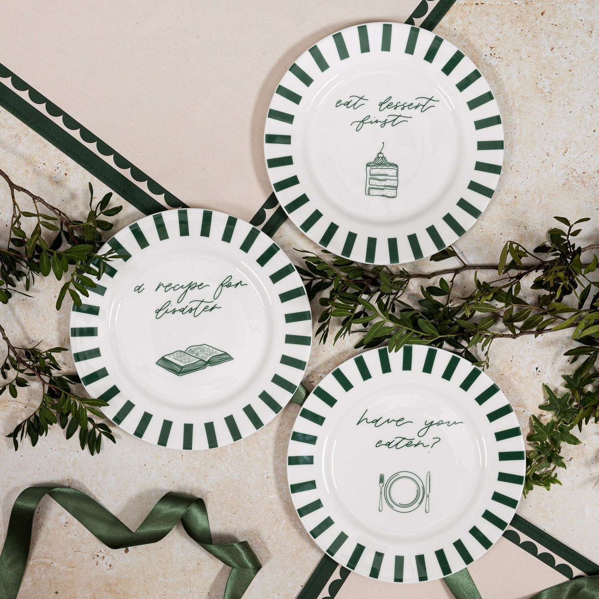 Set of three Avalon Home UK Bone China Plates with green striped edges and decorative text