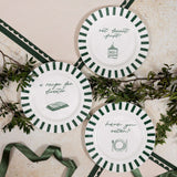 Set of three Avalon Home UK Bone China Plates with green striped edges and decorative text