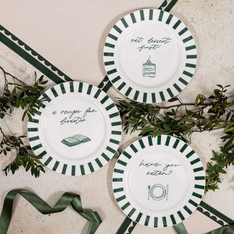 Set of three Avalon Home UK Bone China Plates with green striped edges and decorative text