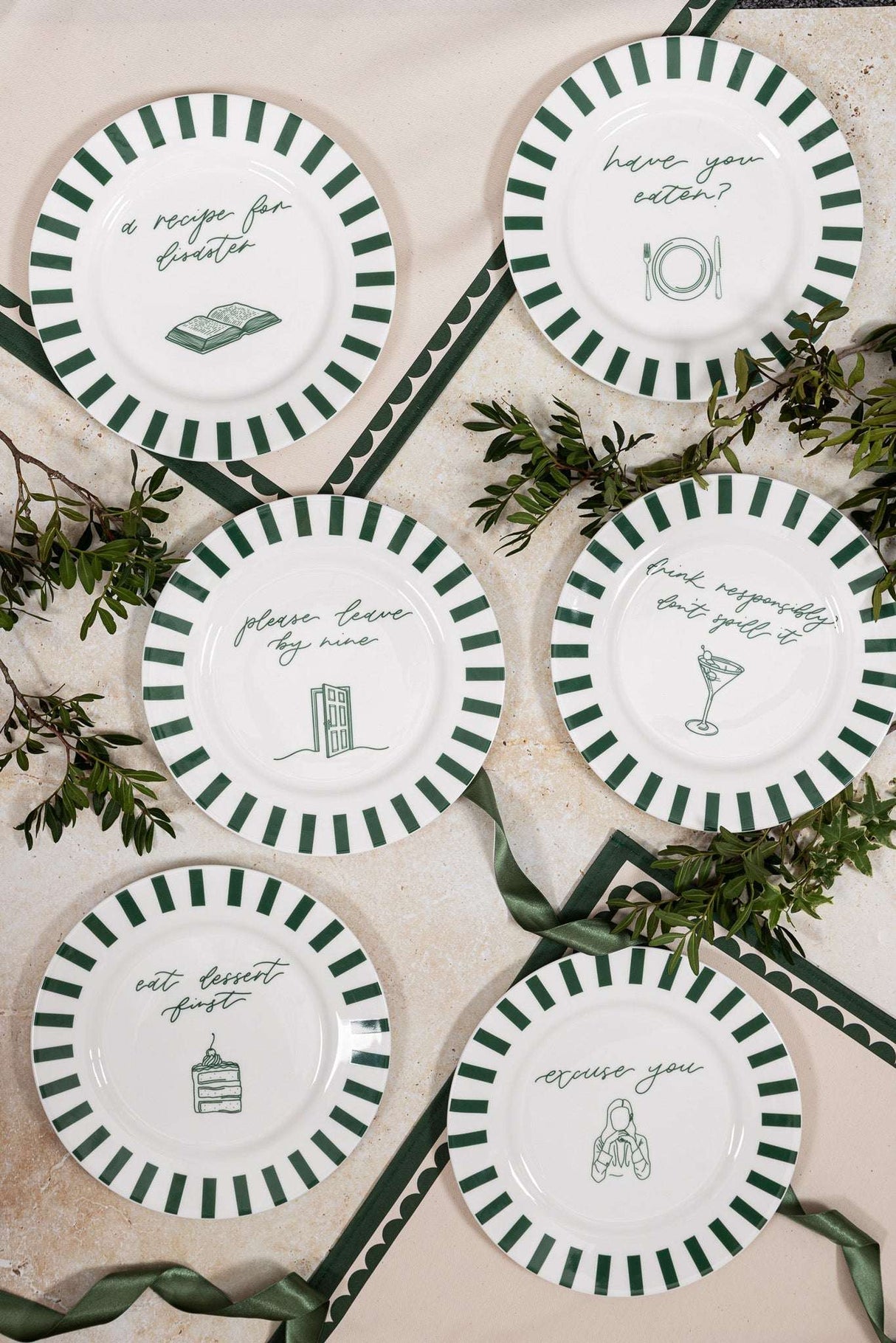 Set of six decorative Bone China Plates with green striped borders and charming illustrations