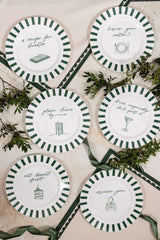 Set of six decorative Bone China Plates with green striped borders and charming illustrations