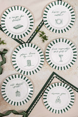 Set of six decorative Bone China Plates featuring unique green striped designs and inspirational quotes