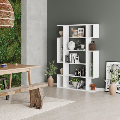 Modern Decortie bookcase in white, showcasing decorative items in a stylish interior setting