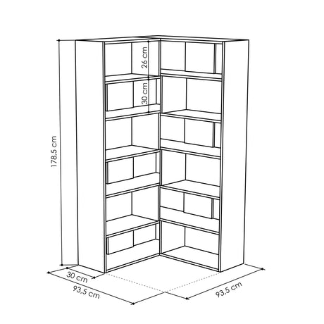 Decortie Bookcase with multiple shelves designed for corner spaces, measuring 178.5 cm in height