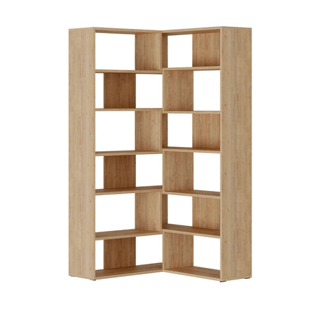 Decortie modern corner bookcase in natural wood finish with multiple shelves for stylish storage