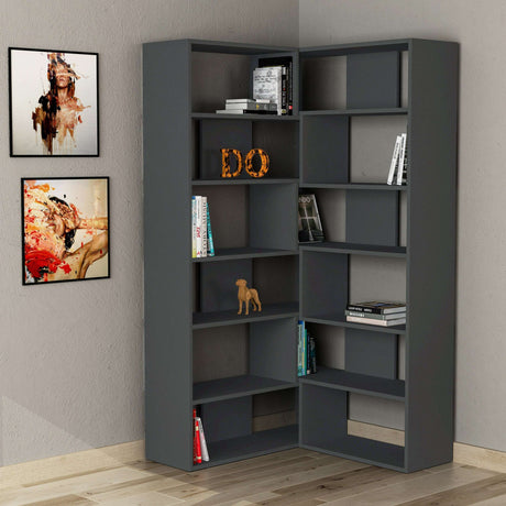 Decortie modern grey bookcase with multiple shelves for books and decor in a stylish corner arrangement
