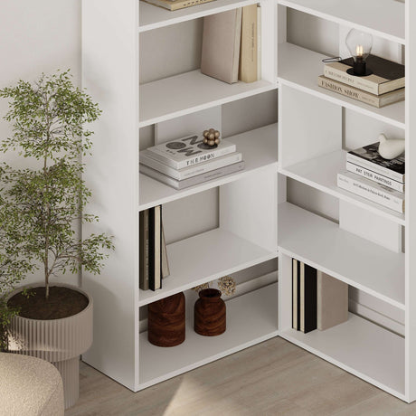Decortie modern bookcase in white with multiple shelves for stylish home storage