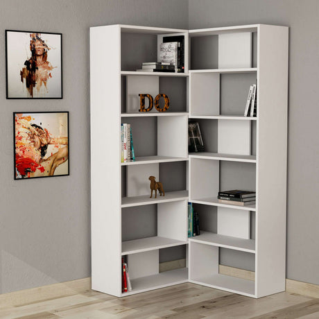 Decortie corner bookcase in white with multiple shelves for books and decorative items