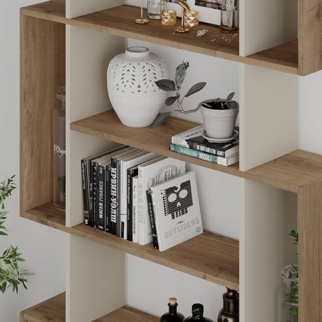 Decortie bookcase with wooden shelves displaying plants, decor, and books for stylish storage