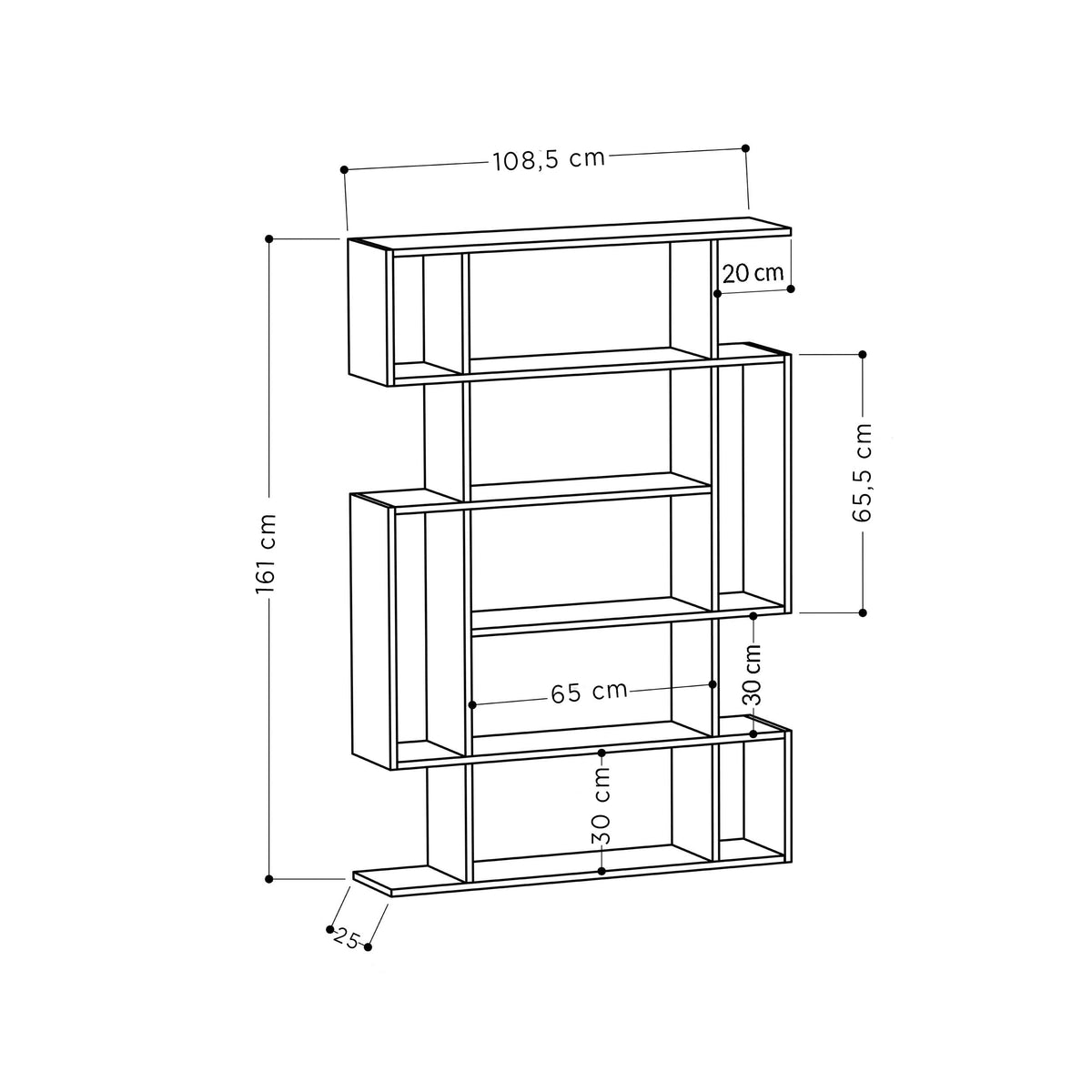 Decortie bookcase dimensions: 161 cm high, 108.5 cm wide, features multiple shelves