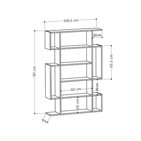 Decortie bookcase dimensions: 161 cm high, 108.5 cm wide, features multiple shelves