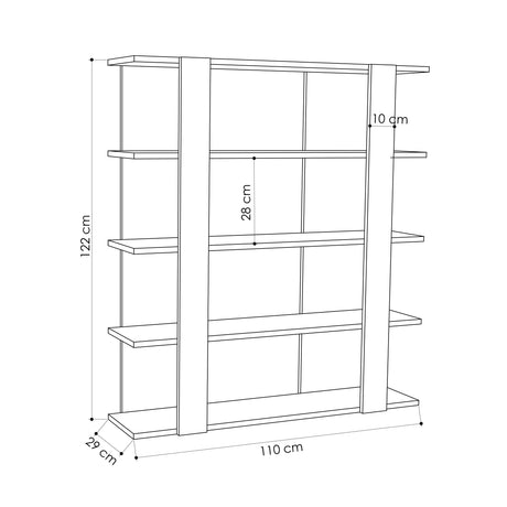 Decortie bookcase with five shelves, measuring 110 cm wide and 122 cm high, in a minimalist design