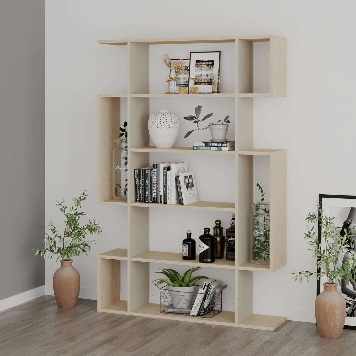 Decortie modern bookcase in light wood with multiple shelves for stylish home storage
