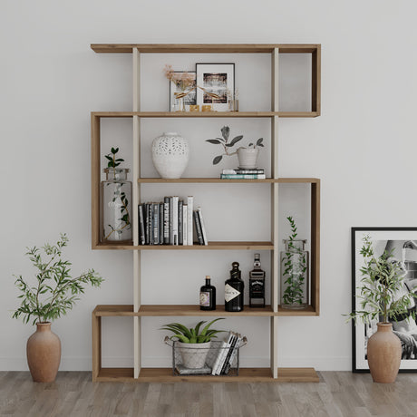 Decortie modern bookcase in natural wood finish, featuring open shelves for decor and books