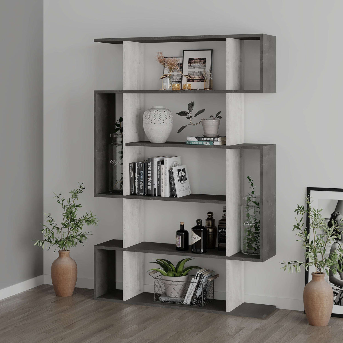 Modern Decortie bookcase with grey shelves and white accents, perfect for stylish storage and display