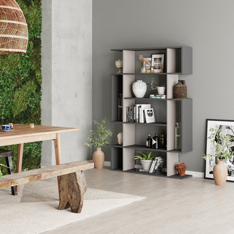 Decortie modern bookcase in grey and black, stylishly displaying books and decor in a living space