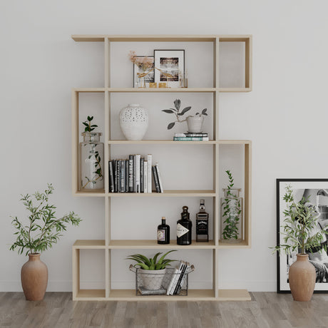 Decortie modern bookcase in light wood with geometric shelves for stylish storage and display