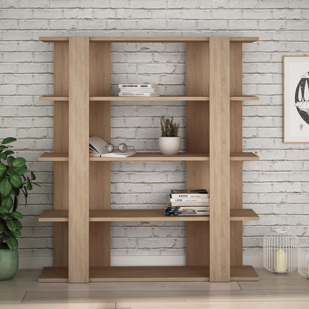 Decortie stylish bookcase in natural wood finish with spacious shelves for modern interiors