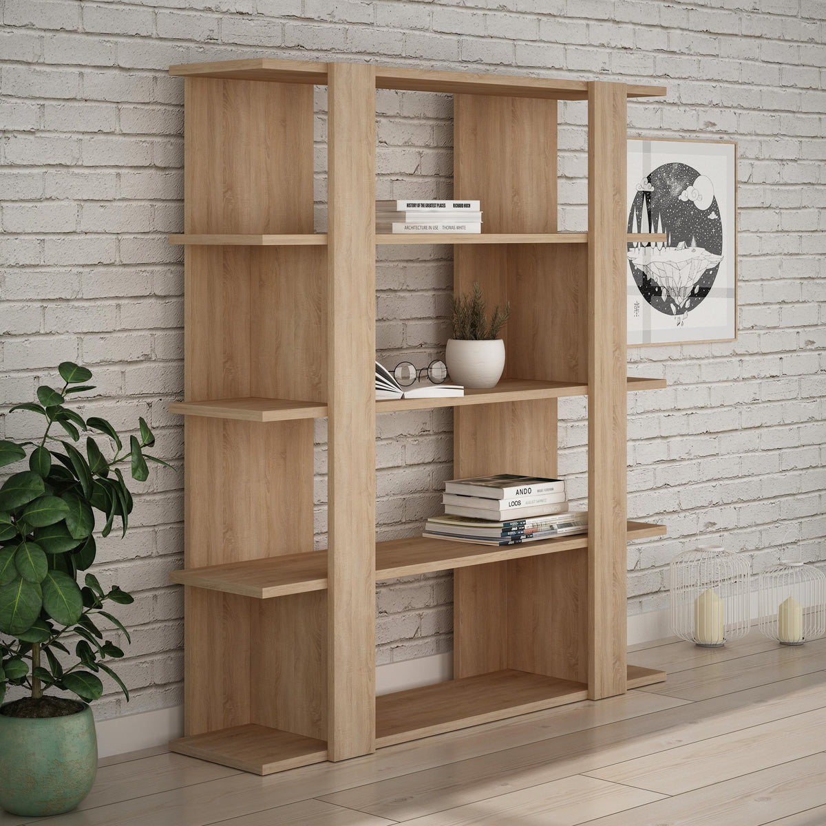 Decortie wooden bookcase with open shelves and elegant design, perfect for modern living spaces