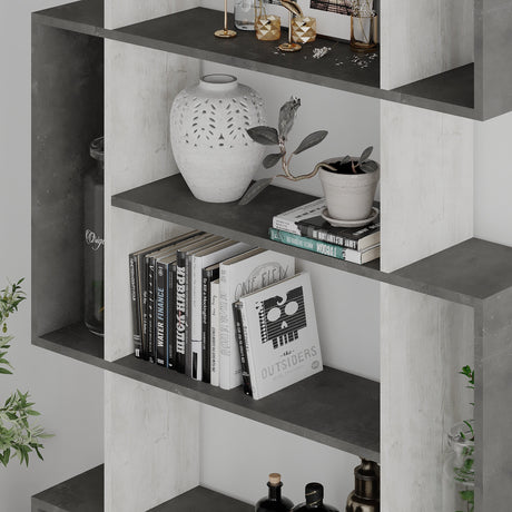 Decortie modern bookcase with stylish decor items and books on grey shelves