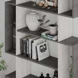 Decortie modern bookcase with stylish decor items and books on grey shelves
