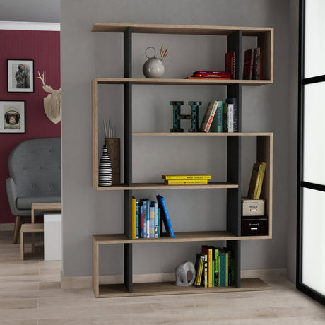 Decortie modern bookcase in light wood and black featuring multiple shelves for display and storage