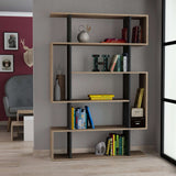 Decortie modern bookcase in light wood and black featuring multiple shelves for display and storage