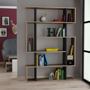 Decortie modern bookcase in light wood and black featuring multiple shelves for display and storage