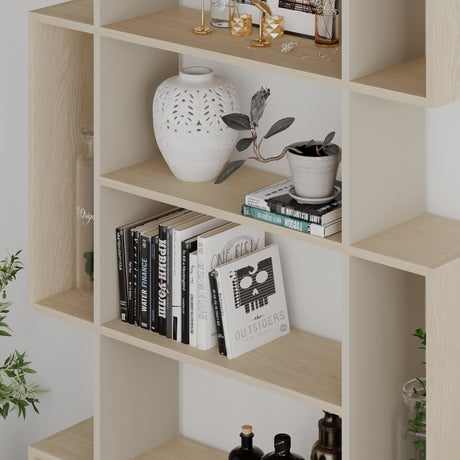 Decortie modern bookcase featuring open shelving and decorative accents for stylish storage