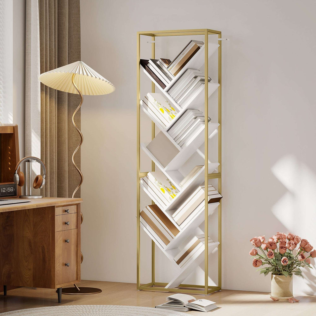 Modern bookshelf by Wise Galleria with a stylish gold frame and white shelves for books and decor