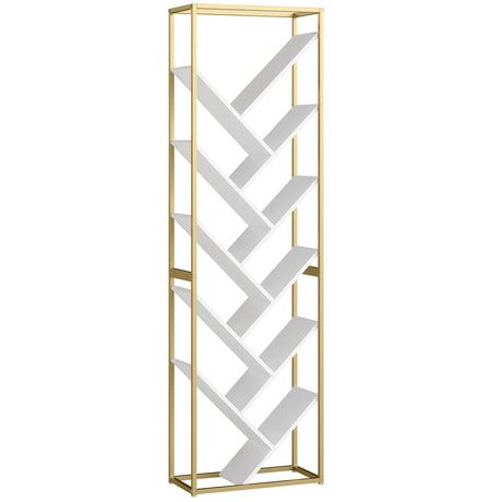 Modern gold frame bookshelf with unique chevron design and white shelves for stylish storage