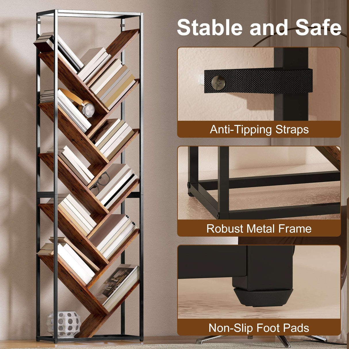 Wise Galleria bookshelf with a robust metal frame and anti-tipping straps for stability and safety