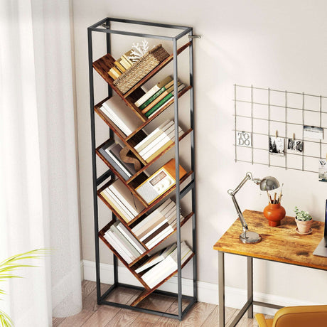 Modern zigzag bookshelf by Wise Galleria with wooden shelves and a sleek metal frame