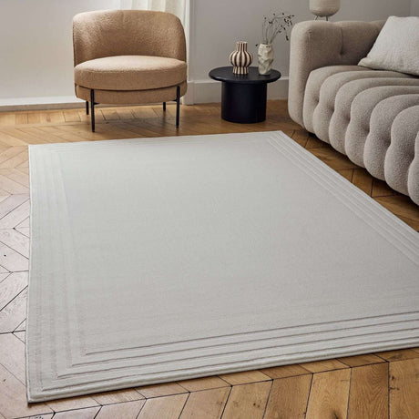 Elegant Bordered Rug in Soft Neutral Tone on Wooden Floor in Contemporary Living Room