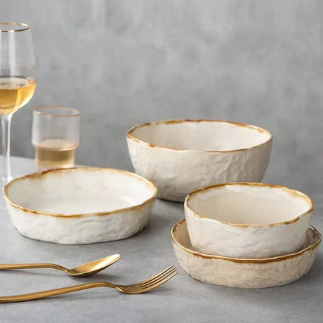 Nisu Home Ceramic Bowl Set with Gold Rim, Perfect for Serving and Dining Table Decor