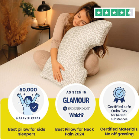 Brightr Sleep Memory Foam pillow designed for side sleepers with adjustable firmness and hypo-allergenic materials