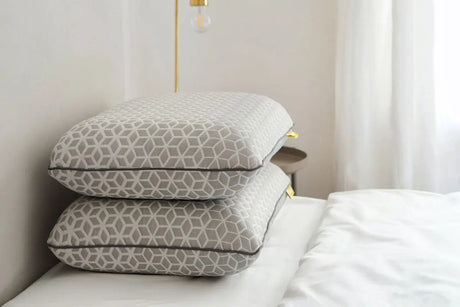 Brightr Sleep adjustable memory foam pillow with a grey geometric design, perfect for side sleepers