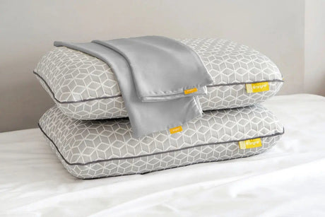 Brightr Sleep adjustable memory foam pillows with grey geometric design and soft pillowcase for comfort