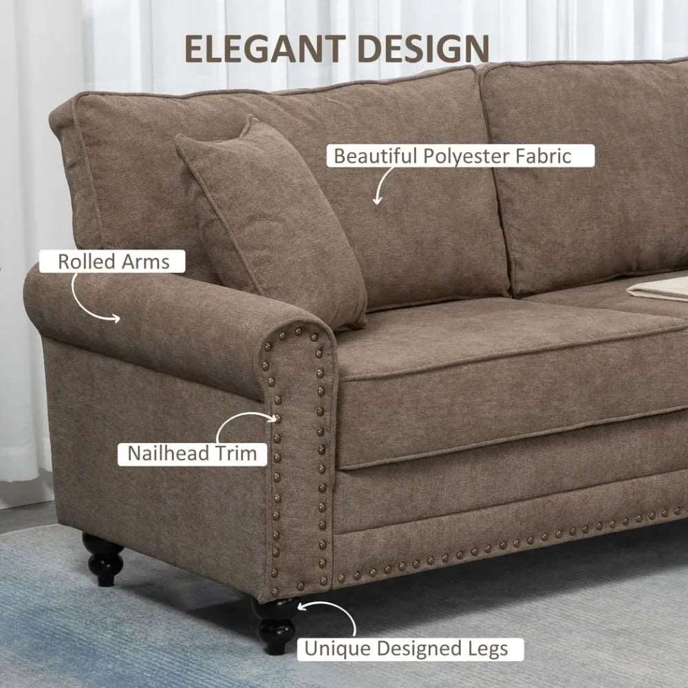2 Seater Sofa Fabric Sofa with Nailhead Trim Cushions and Throw Pillows Brown Unbranded