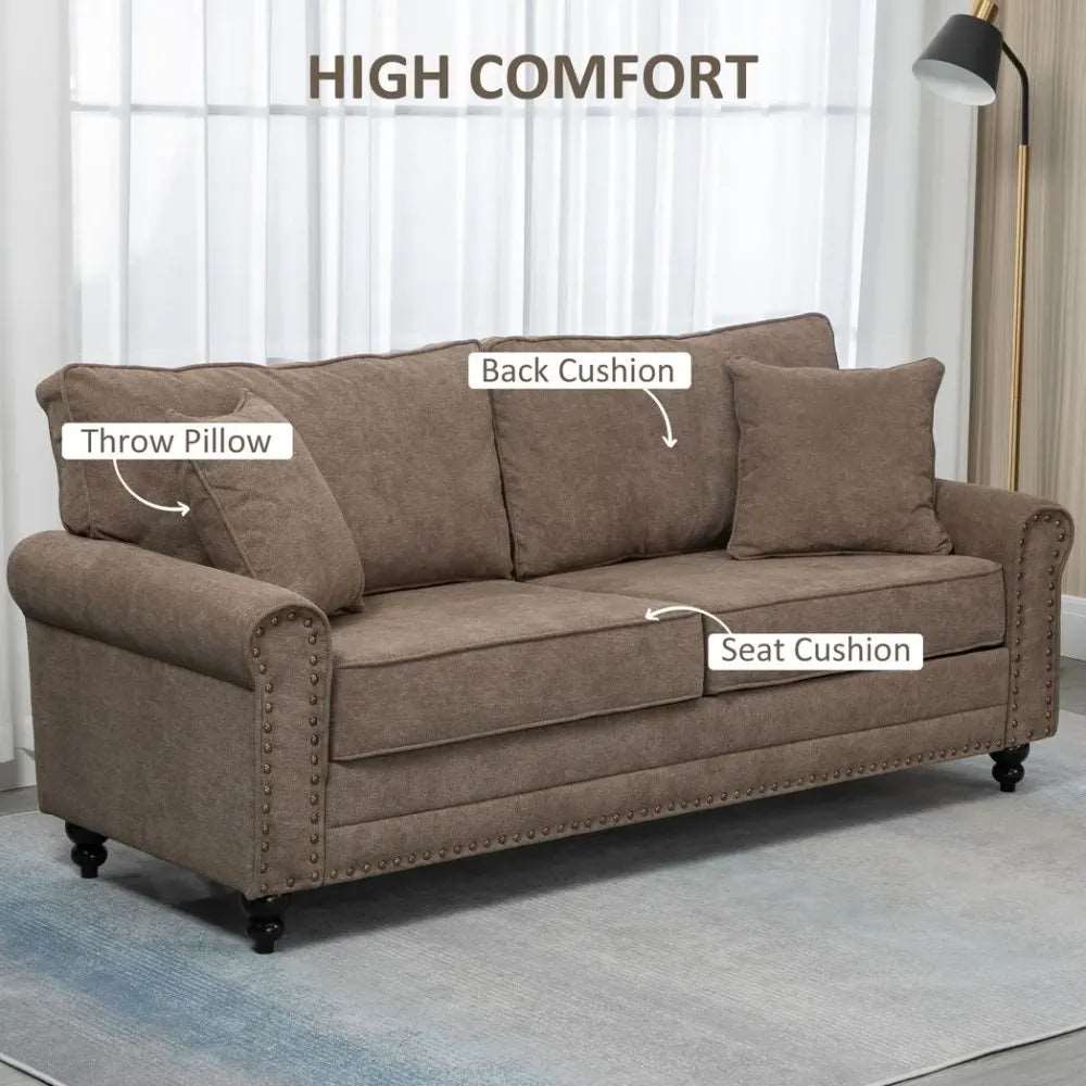 2 Seater Sofa Fabric Sofa with Nailhead Trim Cushions and Throw Pillows Brown Unbranded