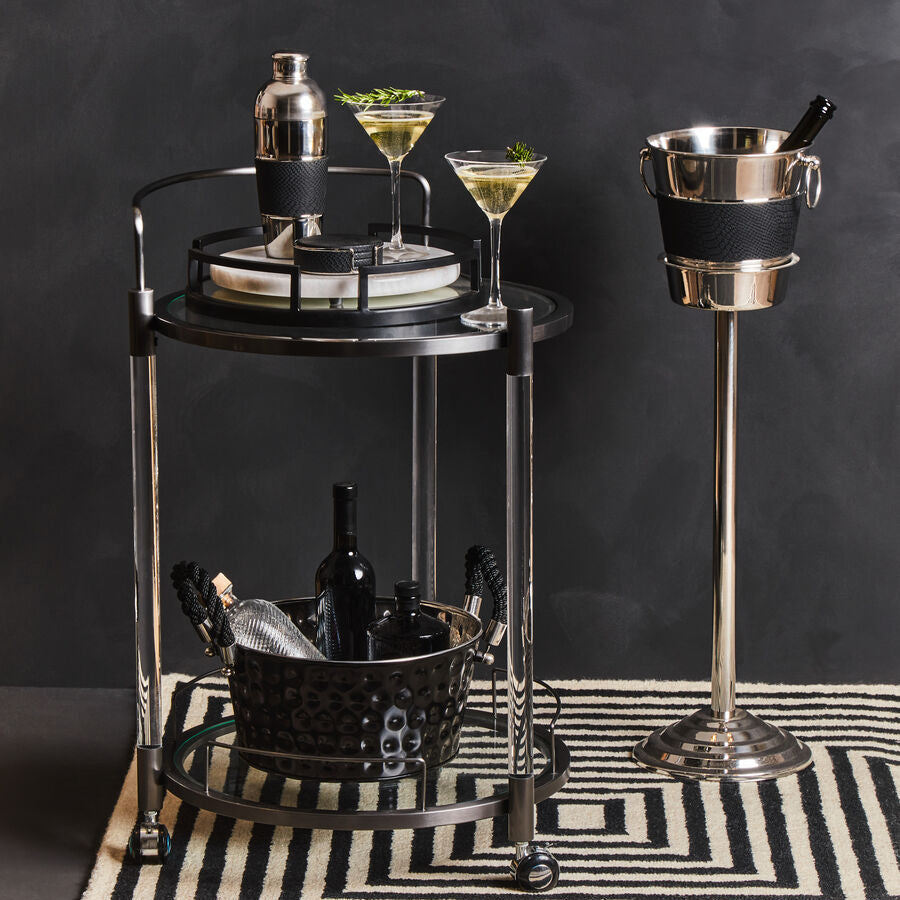 Orsina stylish wine bucket on a bar cart with cocktails, wine bottles, and cocktail shaker
