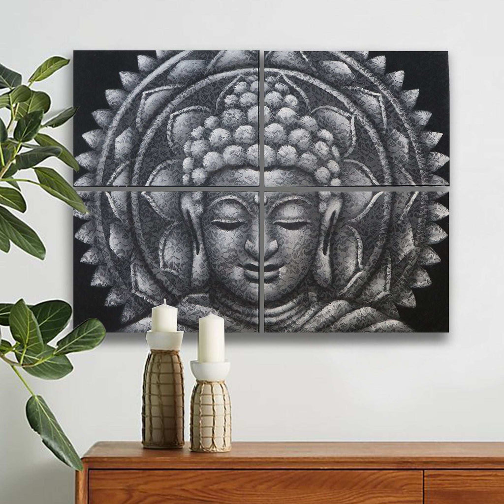 Set of 4 Grey Buddha Mandala Brocade Detail 30x40cm AW-Dropship