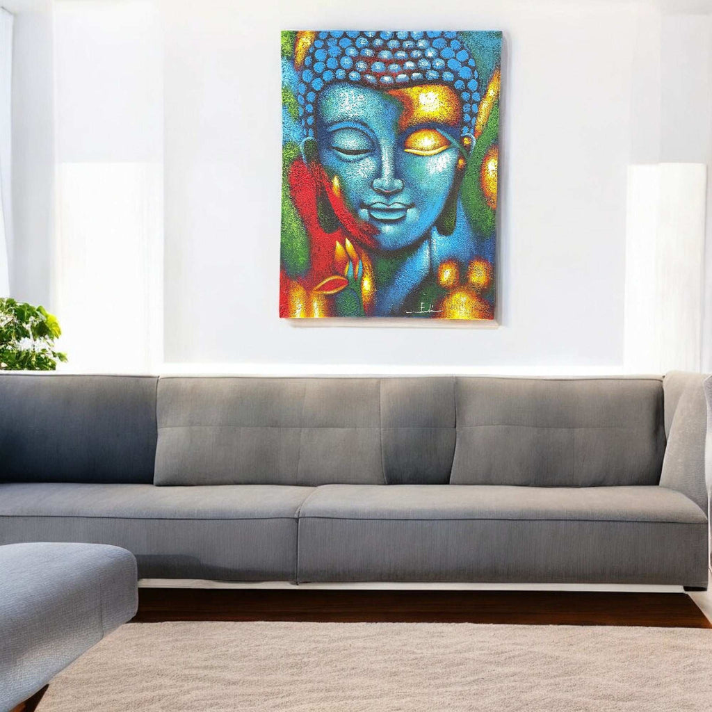Buddha Painting - Blue & Gold Flower 75x55cm Shades 4 Seasons