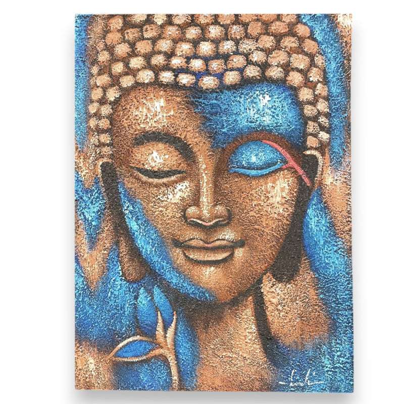 Buddha Painting - Blue & Gold Flower 75x55cm Bronze Shades 4 Seasons