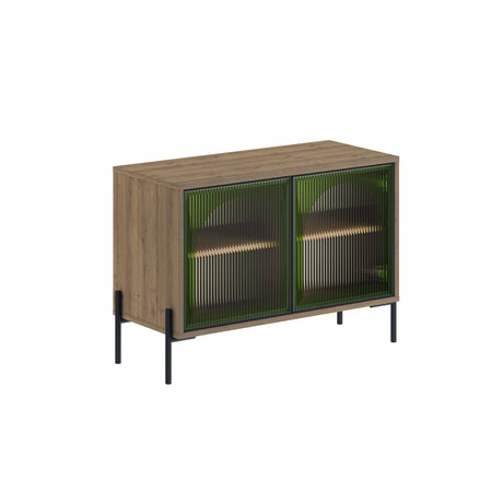 Decortie Buffet Cabinet in Wood with Green Glass Doors and Metal Legs for Stylish Storage