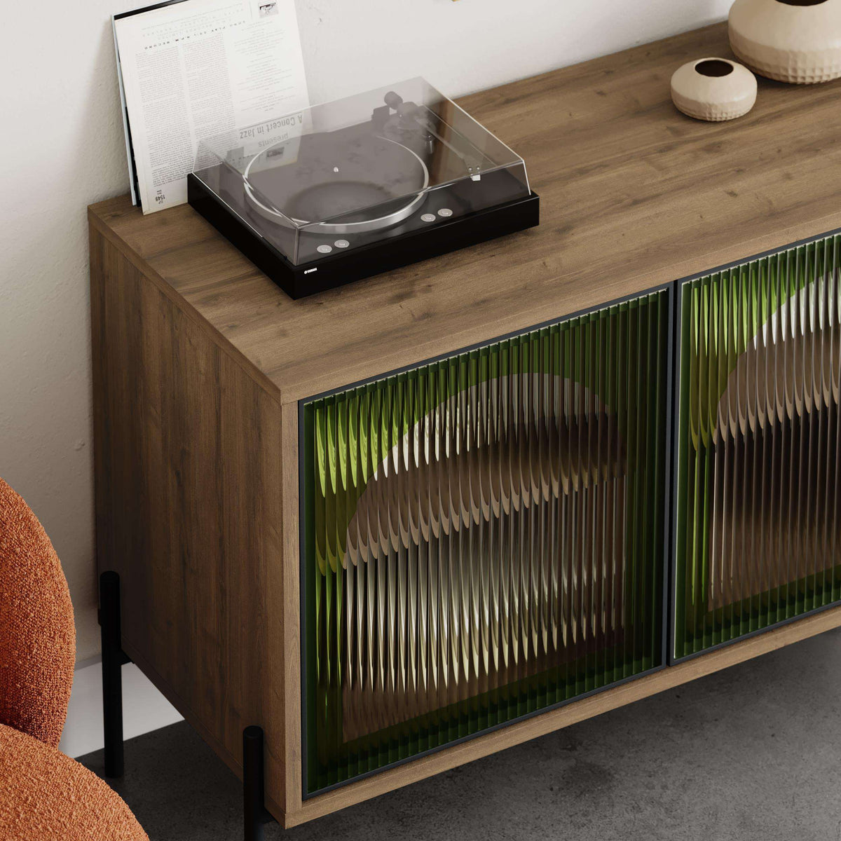 Decortie Buffet Cabinet in Wood Finish with Ribbed Glass Doors and Decorative Accessories
