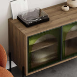 Decortie Buffet Cabinet in Wood Finish with Ribbed Glass Doors and Decorative Accessories