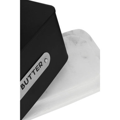 Orsina Butter Dish with a sleek black design and marble base for stylish food storage